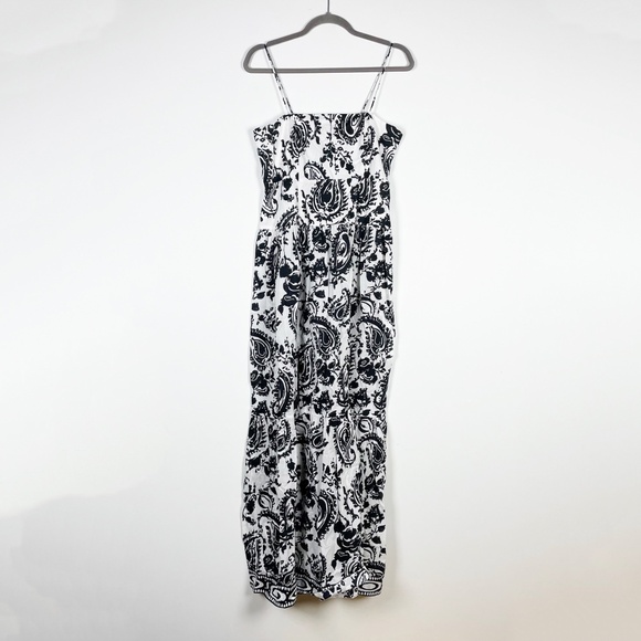 Playa Lucila Square Neck Cotton Smocked Black White Print Maxi Long Dress Medium - Picture 1 of 4